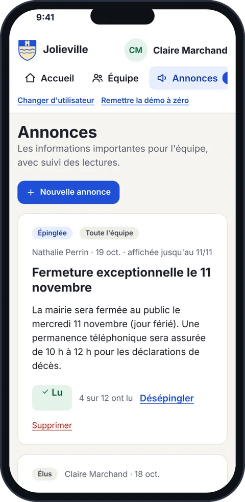 Liste des annonces avec le suivi des lectures.